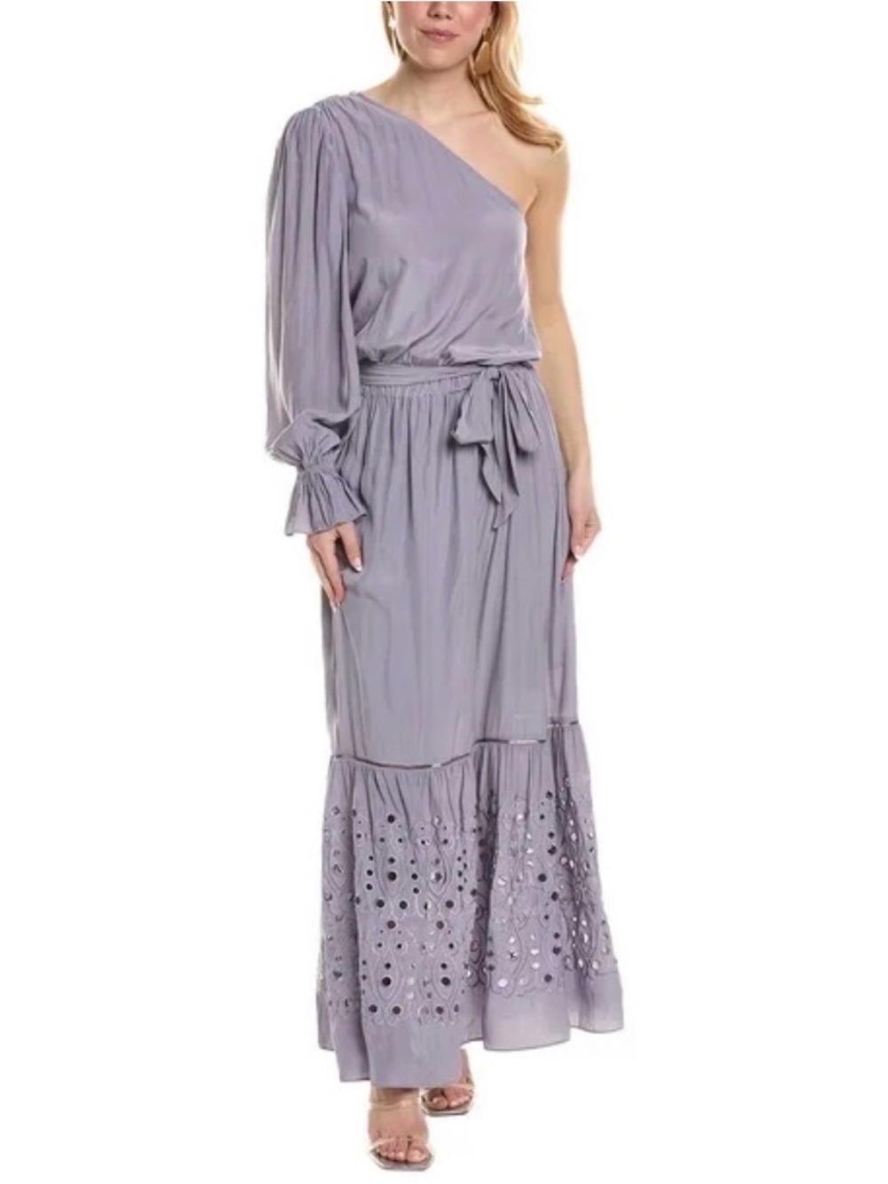 RAMY BROOK ADESOLA GRAY LAVENDAR ONE-SHOULDER MAXI DRESS W EYELET TIER SZ M